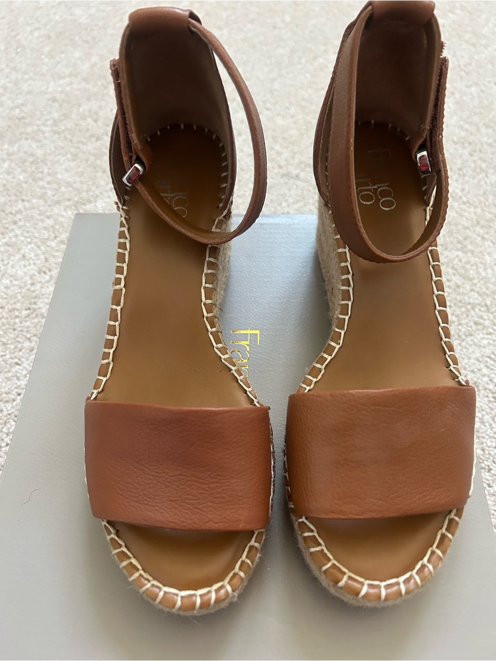 Franco Sarto Tan Leather Espadrille Wedge Sandals with Ankle Strap